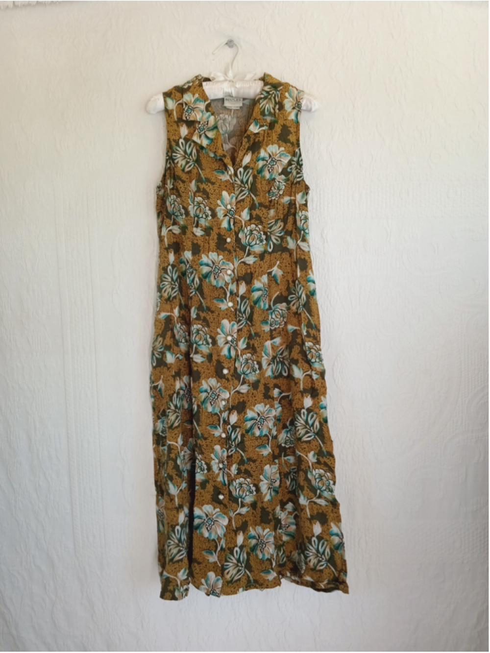 Vintage Bentley Mustard Floral button down Midi Dress 90s grunge boho earthy LG - Picture 13 of 13